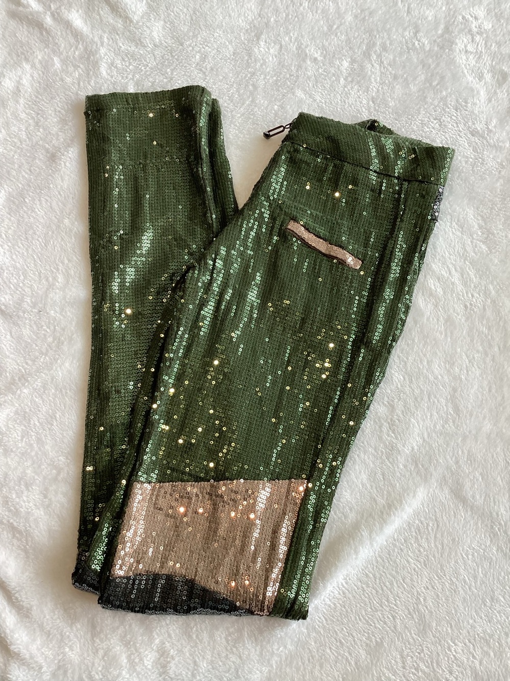 Philipp Plein Sequin Embellished Pants Green Sequin Beige Black Knee Stripe
